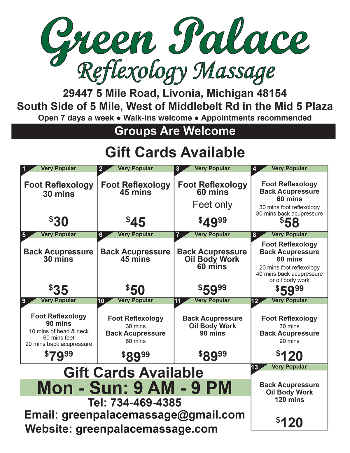 Green Palace Reflexology Massage Pricing