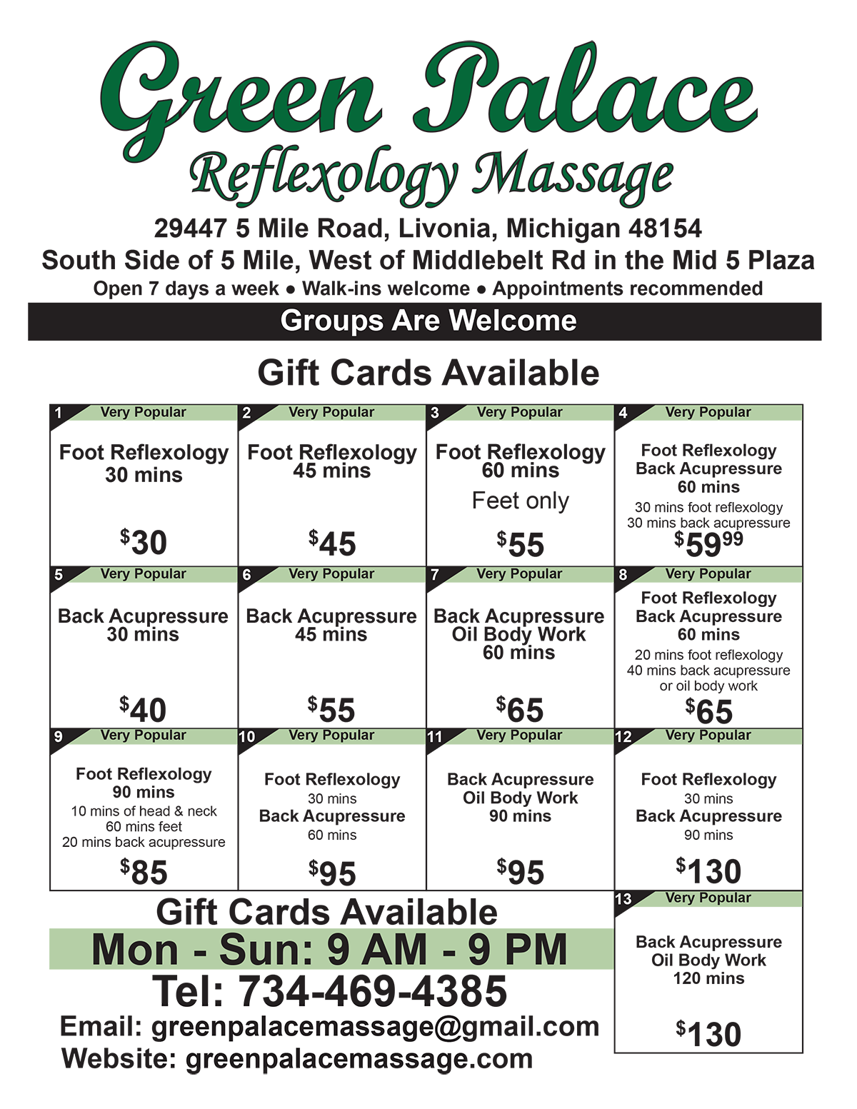 Green Palace Reflexology Massage Pricing